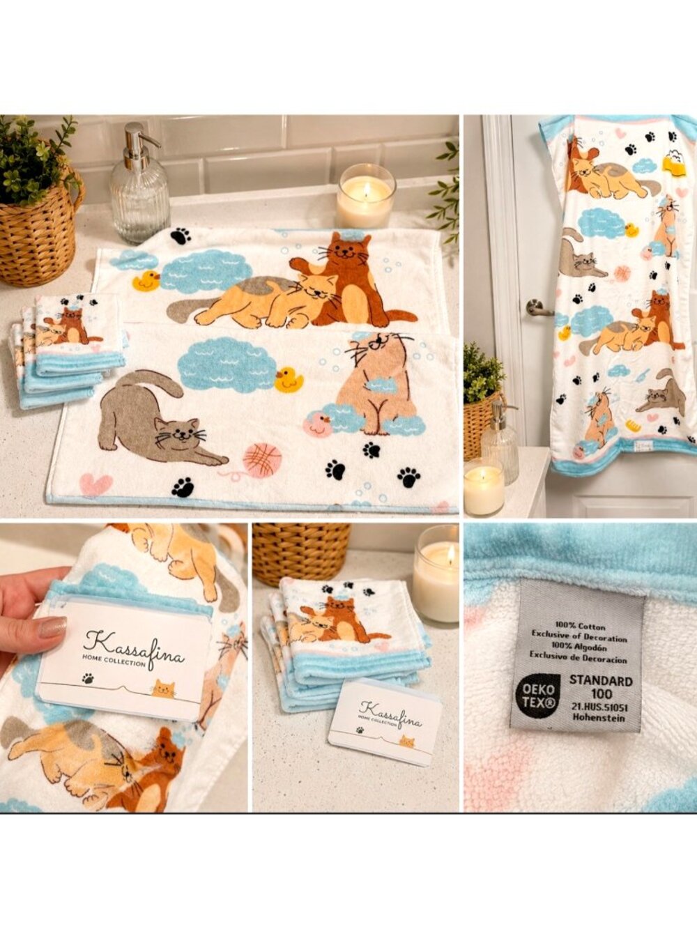 Kassafina Set Of 2 Bath 4 Washcloth Towels White Cute Cats Print 100% Cotton NWT